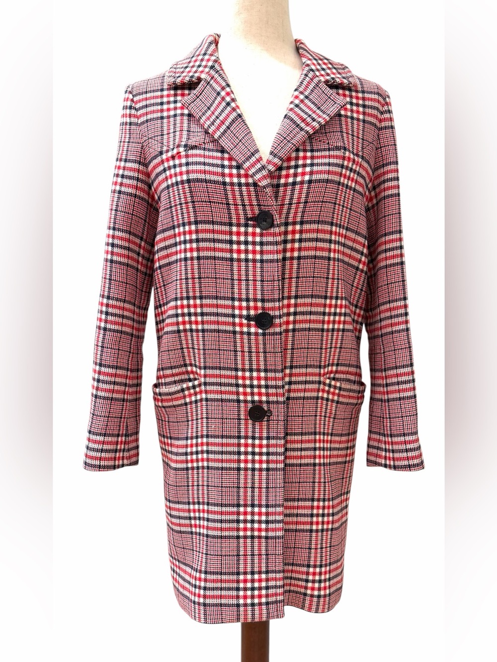Claudie Pierlot Plaid Cotton Blend Coat Red Deep Navy Cream Cotton Blend FR 36